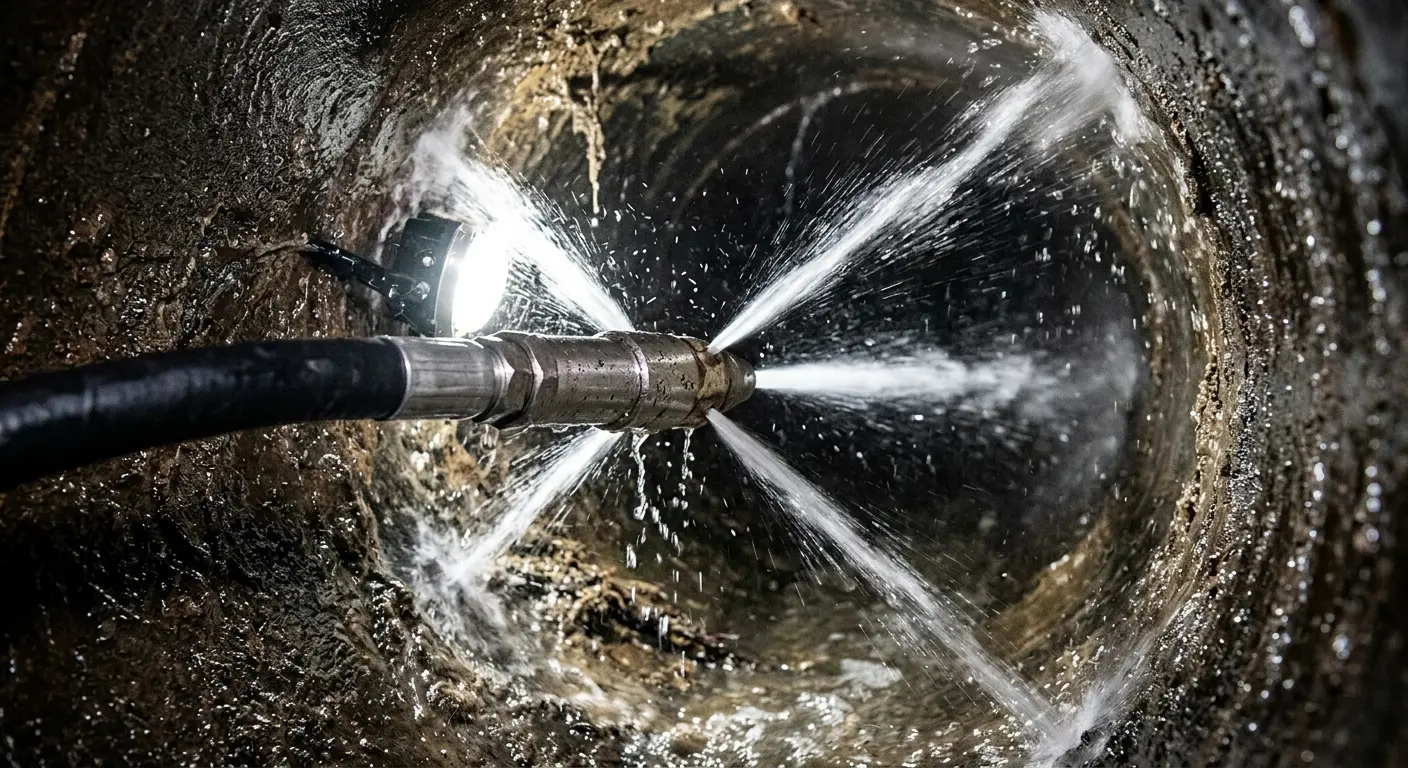 High-pressure hydro jetting nozzle cleaning sewer pipe for Emergency Drain Service in Hyattsville