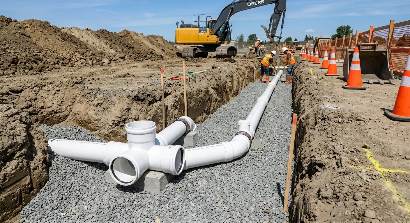 New PVC sewer pipe installation in open trench for Commercial Drain Cleaning in Hyattsville