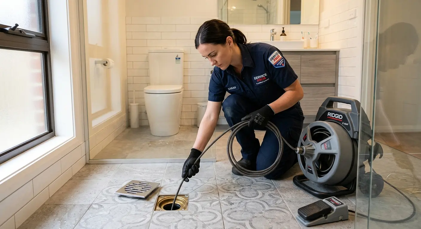 Technician clearing a bathroom floor drain for Sewer Line Replacement in Hyattsville